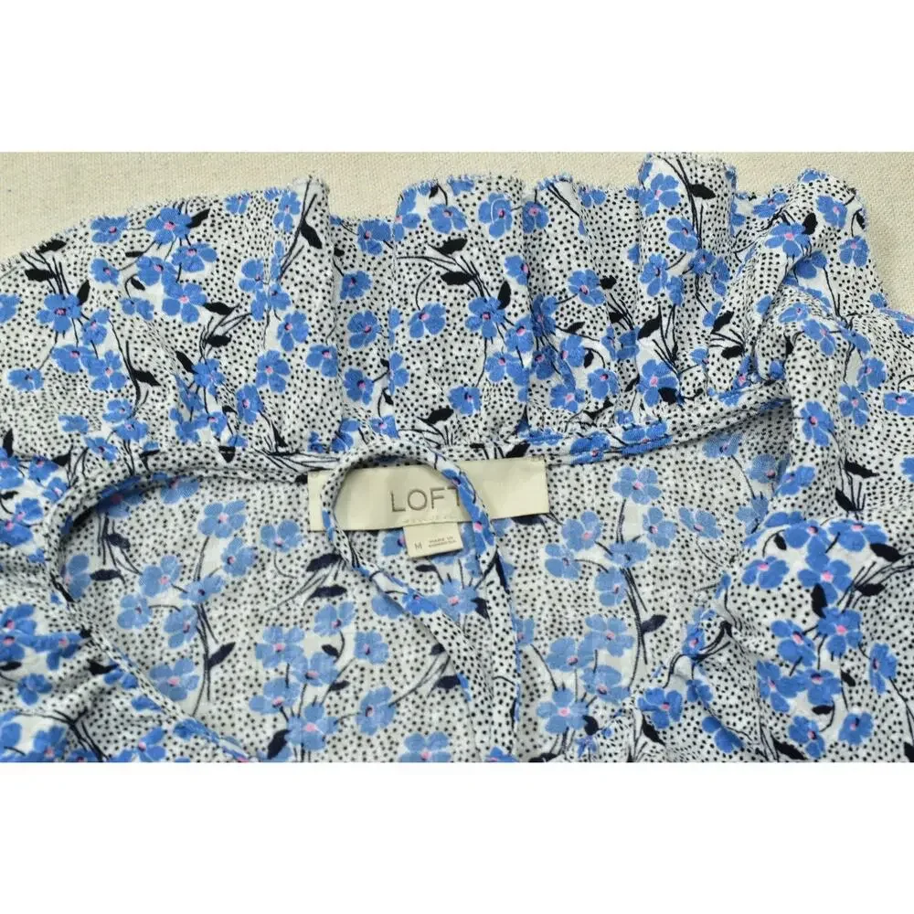 LOFT Women's Floral Ruffle Sleeveless Blouse Top Size M Blue White - Picture 8 of 8